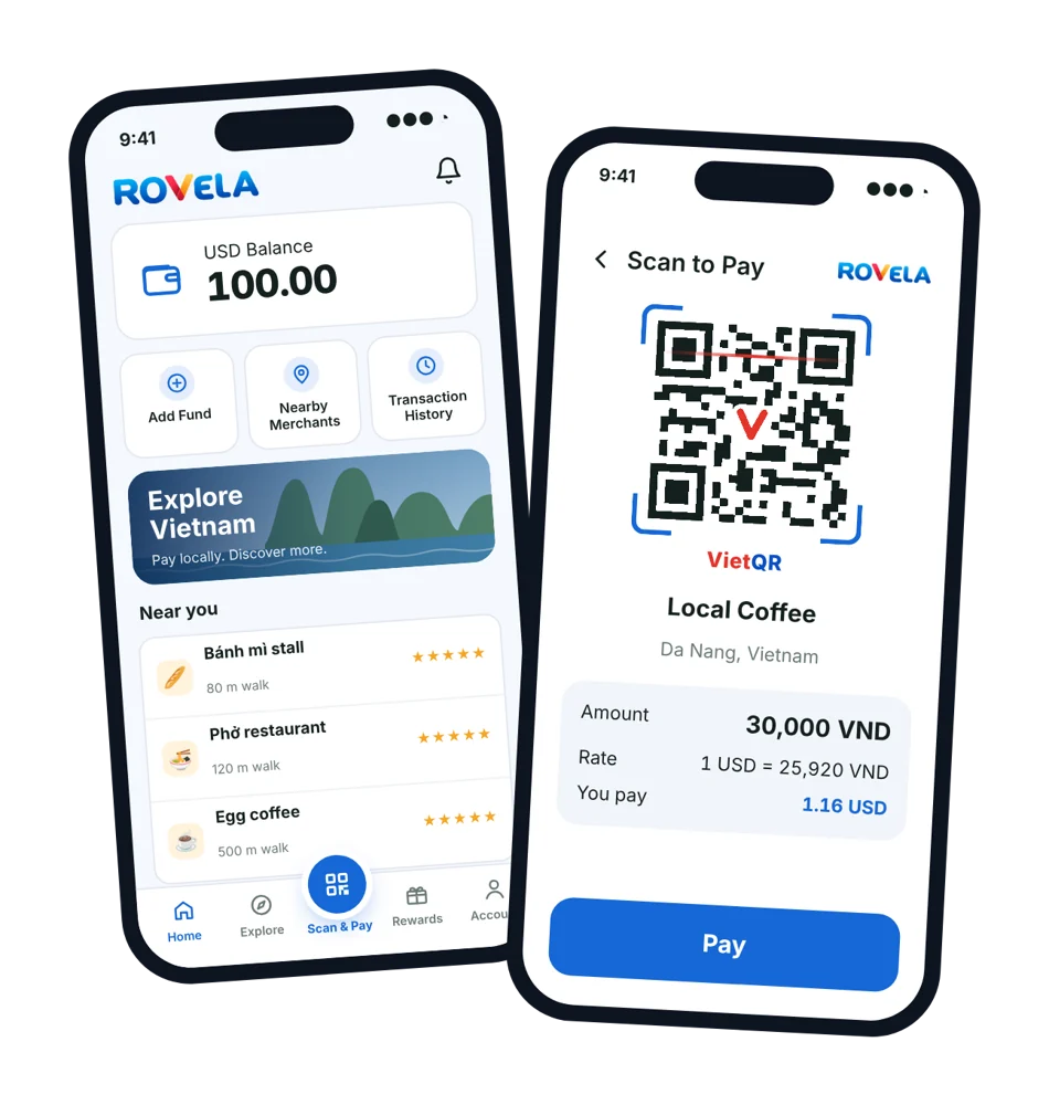 ROVELA Travel App screens: wallet home and Scan to Pay with VietQR