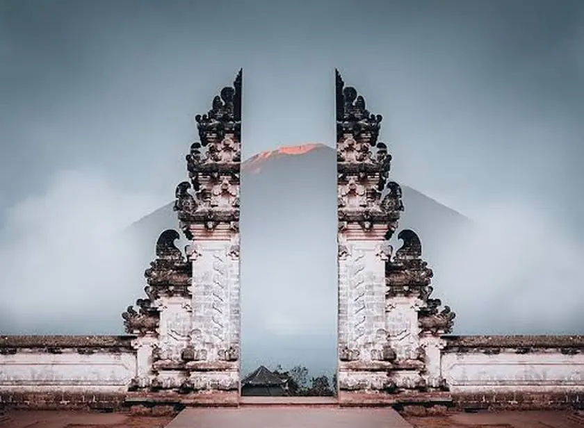 Temple gate framing Mount Agung, Bali